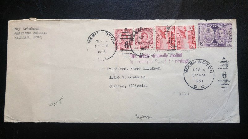 V.RARE IRAQ 1953 FAISAL “DIPLOMATIC MAIL CANCEL USA” COVER VERY FEW KNOWN UNIQUE