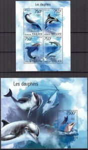 Togo 2014 Marine Life Dolphins (3) Sheet + S/S MNH