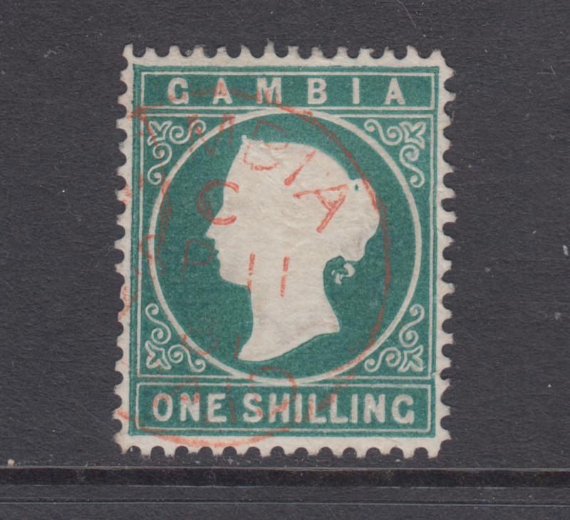 Gambia SG 19A used 1880 1sh Queen Victoria, Crown & CC watermark sideways, VF