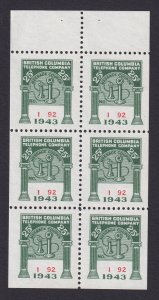 BCT140 - BC Telephone Frank 1943 complete pane mint