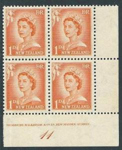 NEW ZEALAND 1955 QE 1d large figures plate block #11 MNH...................50150