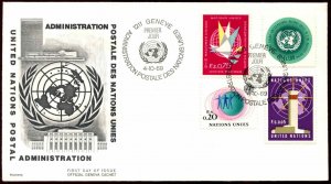 UNITED NATIONS GENEVA 4 NEW ISSUES FOR NEW OFFICE (1969) OFFICIAL CACHET FDC