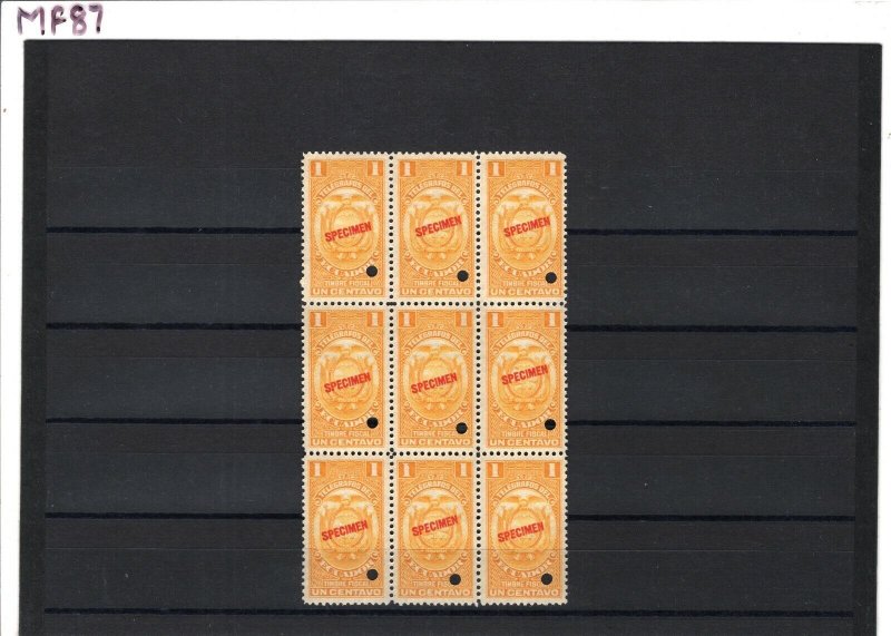 ECUADOR TELEGRAPH Revenue Stamps 1c ABNCo. *SPECIMEN* Block {9} UM MNH MF87