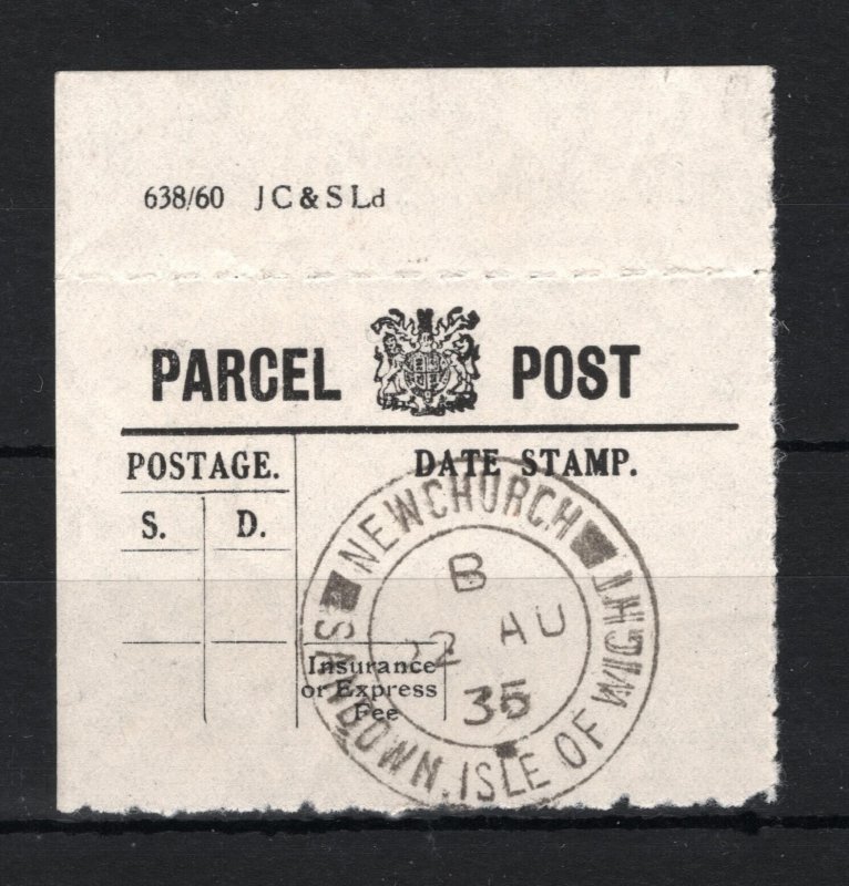 GB IOW Imprint Marginal PARCEL POST LABEL *NEWCHURCH* 1935 Isle of Wight SS328