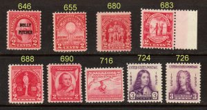 #646,655, 680, 683, 688, 690, 716, 724 726   TWO CENT REDS MINT OGNH 9 Diff