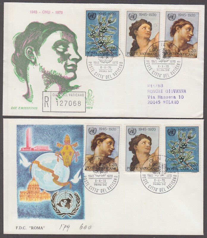 VATICAN Sc #492-4 SET of 4 DIFF FDC X 3 STAMPS 25th ANN of UN - ADAM and EVE