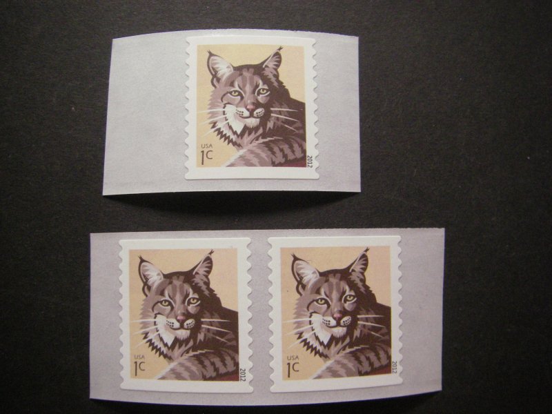 Scott 4672, 1c Bobcat, SA Coil, Pair and Single, 2012 date, MNH Beauties