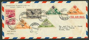 LIBERIA 1952, C30 & others Airmail cover C46A w/inverted value