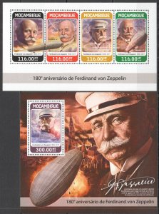 HM1300 2018 MOZAMBIQUE ZEPPELIN DIRIGIBLES AVIATION TRANSPORT #9529-2+BL1346 MNH