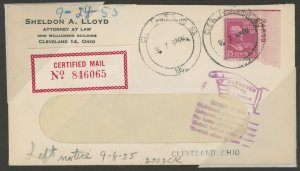 US 829 1938 Prepaying 3c postage, 7c return receipt fee and 15c certified mail fee.