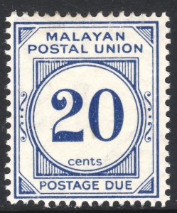 1948 Malaya 20¢ postage due MNH Sc# J19 CV: $16.00