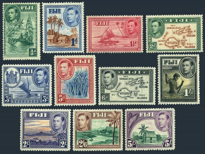 Fiji 117/131,11 stamps,hinged.Mi 92-98,100,103,106-108. King George VI,Views.