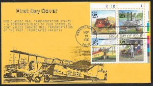 UNITED STATES FDC 25¢ Mail Transportation PLATE BLOCK 1989 Coin 4