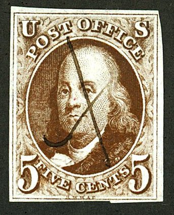 U.S. #1 USED WITH PF CERT MANUSCRIPT CANCEL, BROWN SHADE