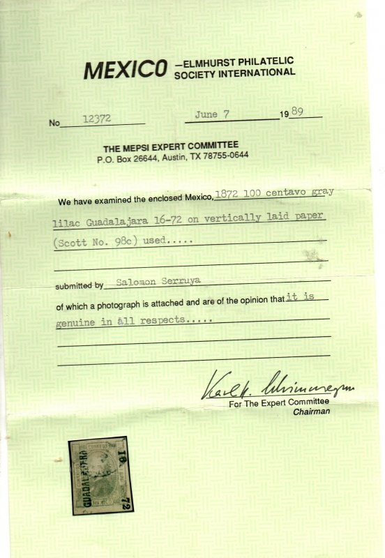 Mexico 98c Used. With 2 certificates