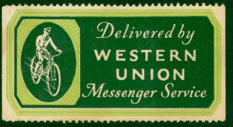 USA c1920s WESTERN UNION MESSENGER SERVICE Label w BICYCLE Unused NG