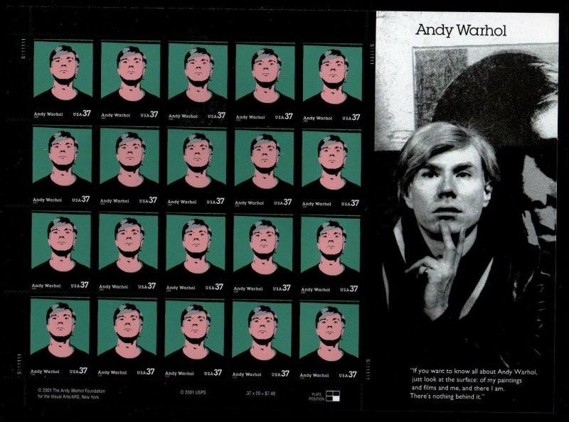 ALLY'S STAMPS US Scott #3652 37c Andy Warhol - Pane [20] MNH F/VF [FP-78]