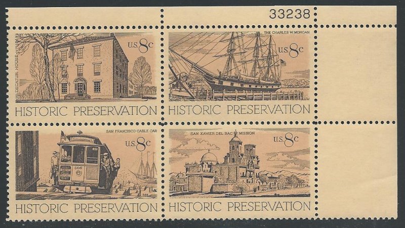 US #1440-43, Plate Block, Historic Preservation, M-NH*-