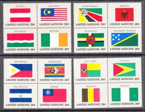 UN New York 374-389a Flags Blocks of Four MNH VF