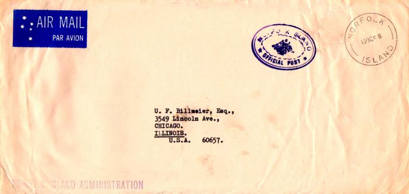 Norfolk Islands Official Free Mail 1968 Norfolk, Island Airmail to Chicago, I...