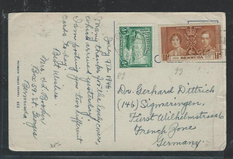 BERMUDA  (P2903B) 1946 PPC WITH 1 1/2D CORONATION +1/2D BOAT TO GERMANY