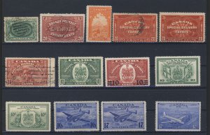 13x Canada S.D. Stamps #E1 to E7 E9 to E11 CE1-2-3 4xU 9xM Guide Value= $109.00