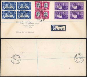 South Africa 1947 Royal Visit set in blocks of four on registered first day cov