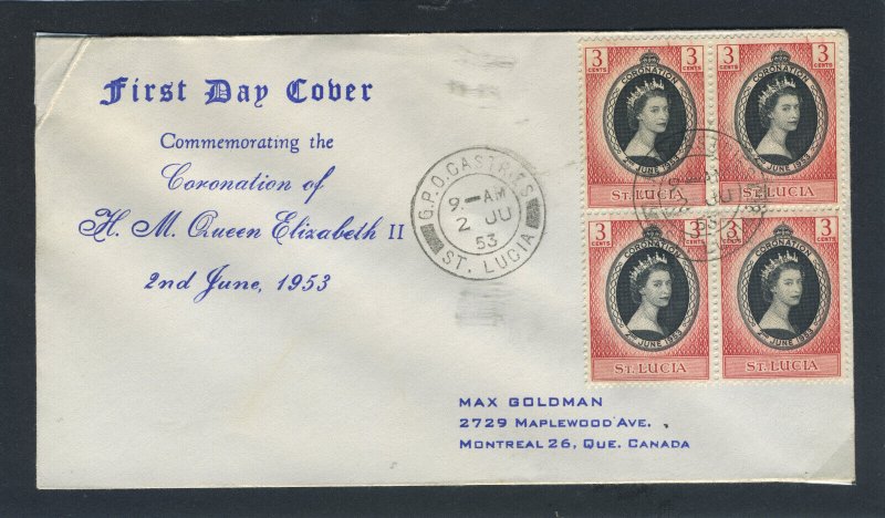 St. Lucia 1953 QEII Coronation block of four on First Day Cover.