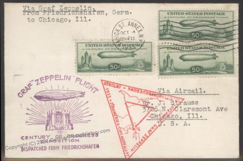 USA 1933 Graf Zeppelin Si241E Century of Progress C18 Cover Chicago Fried 103368