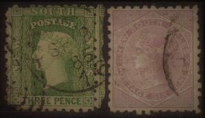 NEW SOUTH WALES 1871 QV 3D AND 6D WMK CROWN/NSW SG TYPE W36 PERF 10 USED