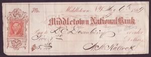 US Revenue Stamped Paper - 1869 Middletown National Bank