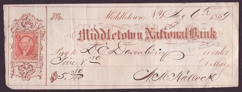 US Revenue Stamped Paper - 1869 Middletown National Bank