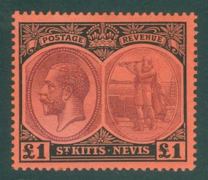 SG 36 St Kitts Nevis 1920-22. £1 purple & black/red. Very lightly mounted mint