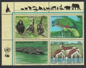 UN New York Birds Chimpanzee Amazon Crocodile Gazelles Top Left block of 4