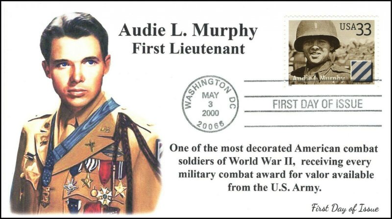 AO-3396-2, 2000, Distinguished Soldiers, Audie Murphy, FDC, Add On Cachet,