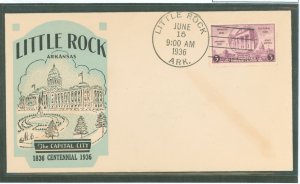 US 782 1936 3c Arkansas Statehood Centennial single on an unaddressed FDC cover with an Unknown Cachet