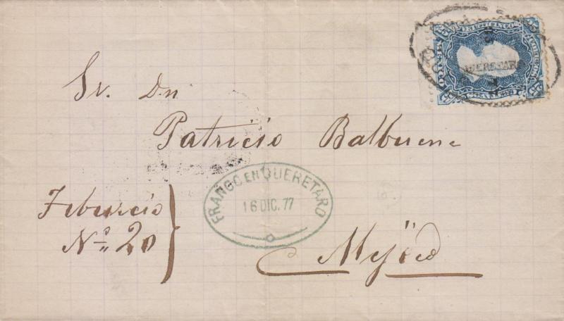 G)1877 MEXICO, COMPLETE LETTER, FRANCO EN QUERETARO, HIDALGO