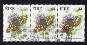 Ireland 1985 Strip of 3 44p Butterfly, Scott 615 used, value = $7.80