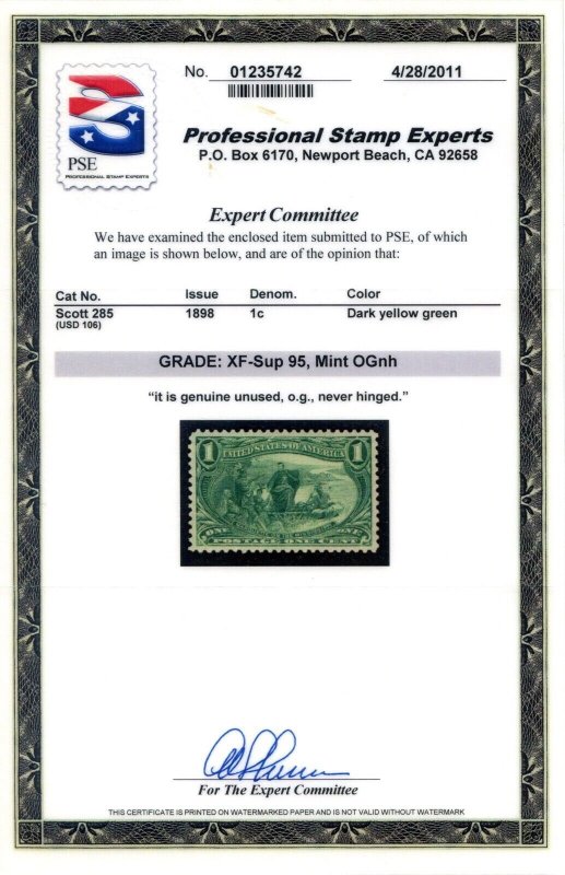 US SCOTT #285 MINT-XF-SUPERB-OG-NH GRADED 95 W/ PSE CERT SMQ $625 (8/1/24 GP)