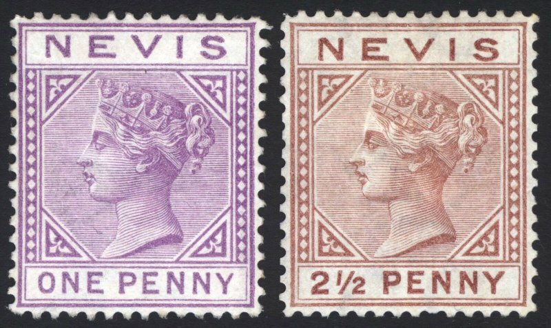 Nevis 1879 1d - 2 1/2d WMK Crown CC SG 23-24 Scott 19-20 LMM/MLH Cat £220($286)