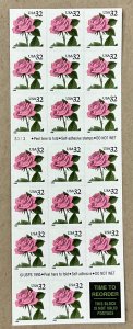 2492a 32c Pink Rose Convertible Pane of 20 FV $6.40 Love GREAT FOR WEDDINGS 1995