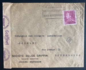 1943 Antwerp Belgium Censored Commercial Cover To Luxembourg