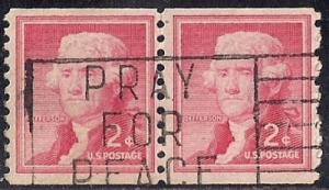 1055 2 cent LOGO Thomas Jefferson Coil Pair Stamp used F-VF