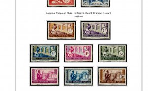 COLOR PRINTED FRENCH EQT. AFRICA 1936-1958 STAMP ALBUM PAGES (30 illustr. pages)