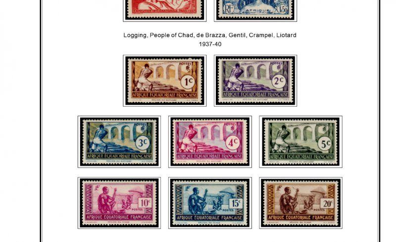 COLOR PRINTED FRENCH EQT. AFRICA 1936-1958 STAMP ALBUM PAGES (30 illustr. pages)