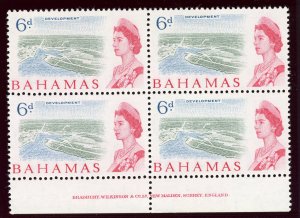 Bahamas 1965 QEII 6d 'Development' imprint block of four superb MNH. SG 253.