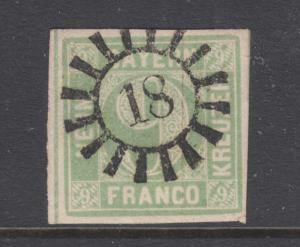 Bavaria Sc 6b used. 1850-58 9kr light blue green Numeral, 18 in closed Millwheel