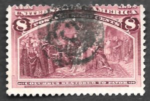 US Scott # 236, Used, 8¢, 1893, Magenta, PH, NG, OC, Thin, Target Cancel