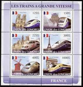 COMORO IS - 2008 - French High Speed Trains - Perf 6v Sheet - MNH