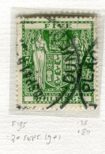 NEW ZEALAND; 1940s early GVI Postal Fiscal issue used Shade of 5s. value